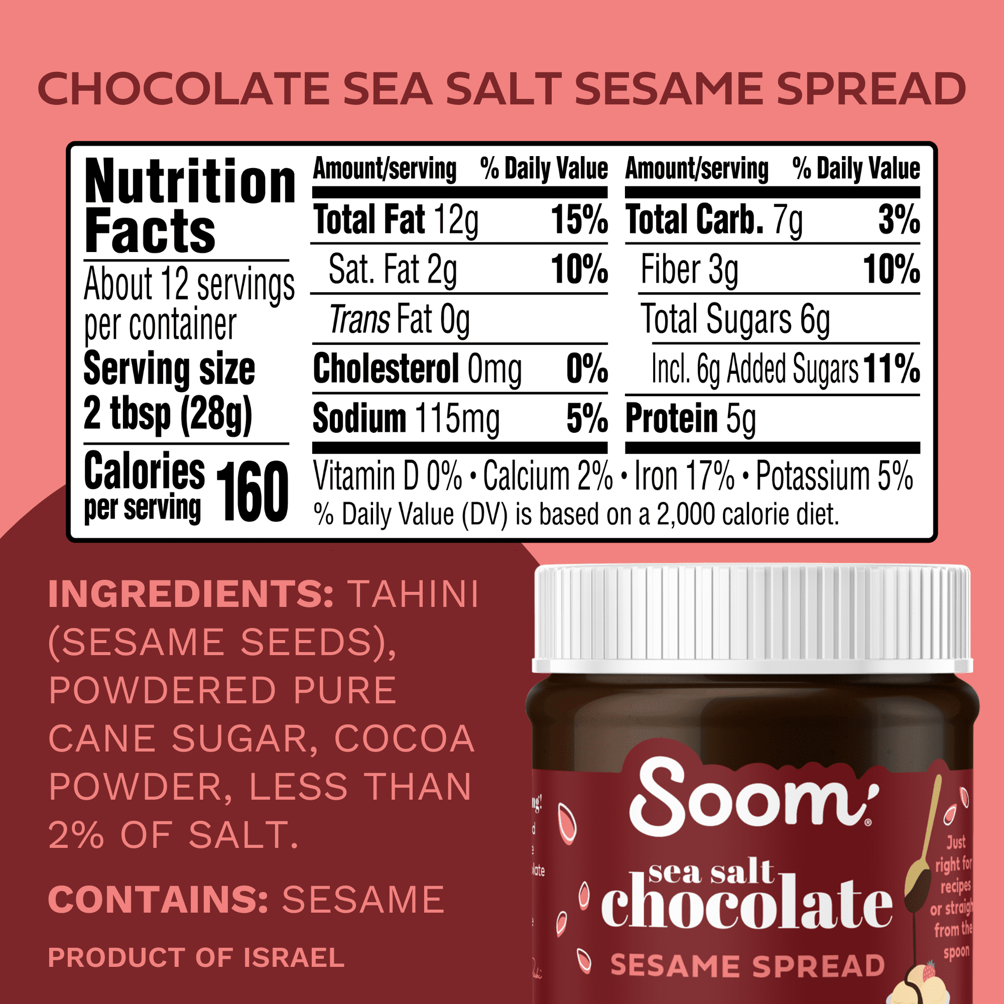 Soom Foods Creamy Chocolate Sea Salt Tahini Sesame Paste Spread, 12 oz Jar (Nut-Free Dairy-Free)