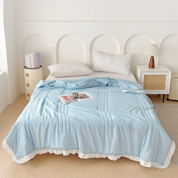 JeashCHAT Cooling Comforter Twin, Summer Ruffled Quilt 60"x80" Ruffle Comforter for Women, Soft Lightweight Thin Comforter for All Season, Light Blue