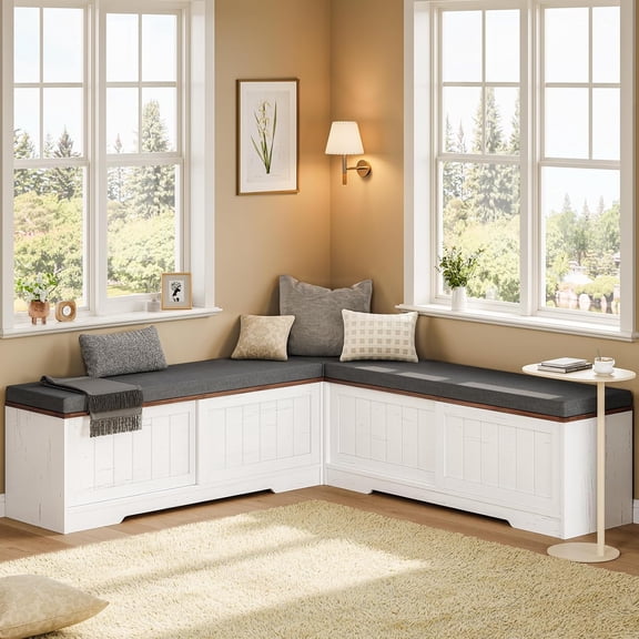 Frhnenha L Shape Corner Bench with Storage, Breakfast Nook Bench with Cushion and Slide Barn Doors for Entryway, Hallway, Living Room, White Brown