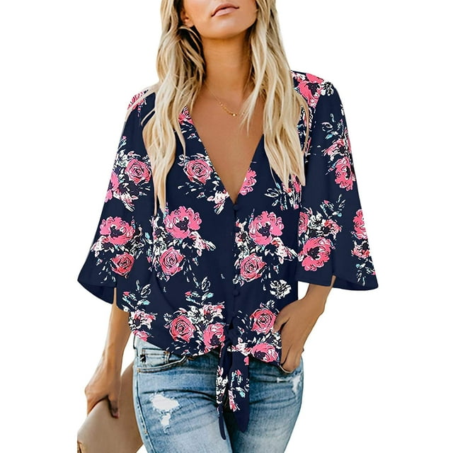 Women's V Neck Tops Ruffle 3/4 Sleeve Tie Knot Blouses Button Down Shirts - NAVY FLOWER