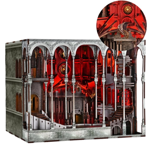 MiniCity Kit de Coin Livre, Kit de Maison de Poupée Miniature DIY pour Adultes et Adolescents, Décor d'Étagère de Coin Livre Modèle de Château à Construire avec Lumière LED, Cadeaux pour