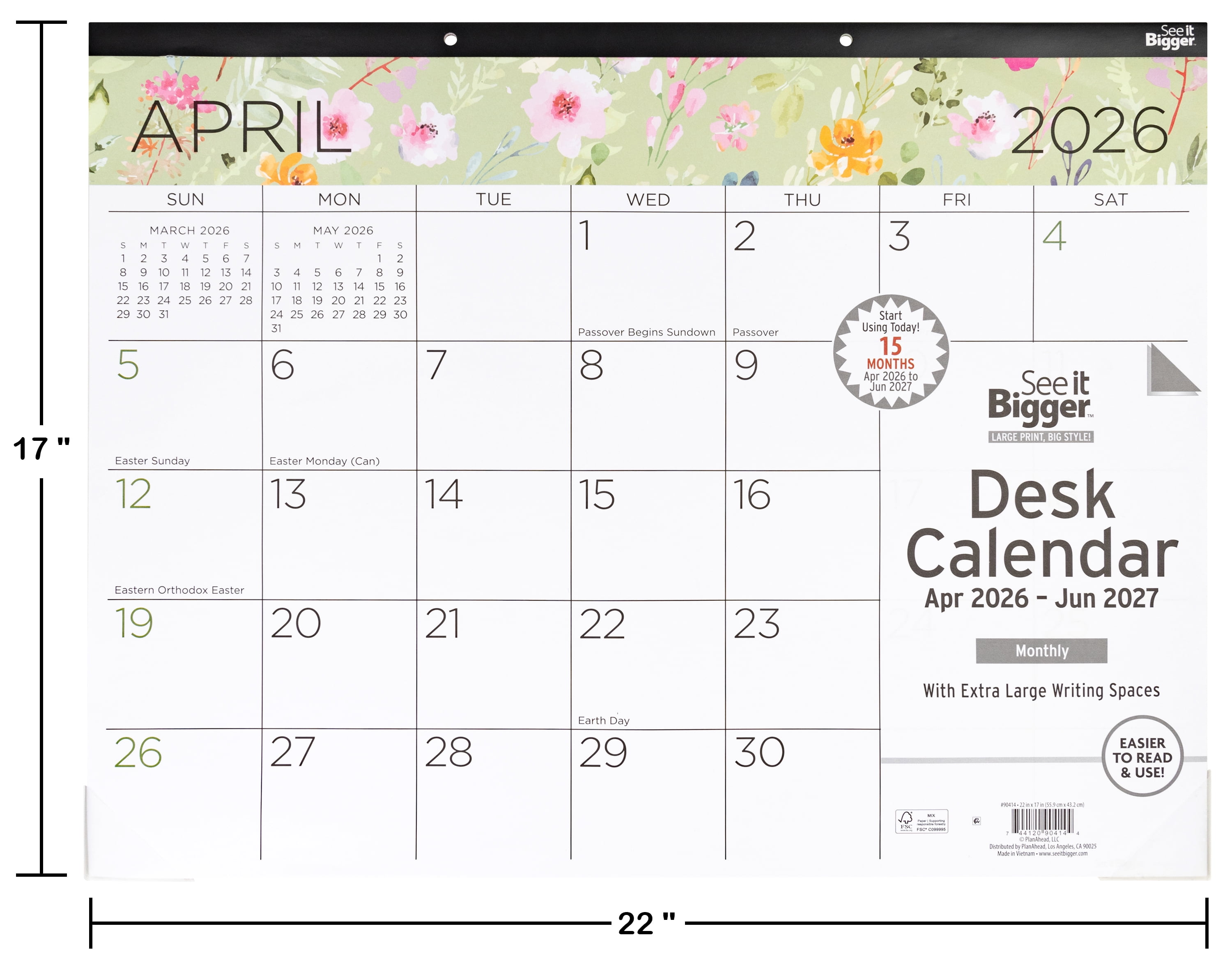 See It Bigger Desk Pad Calendar, Large (17" x 22"), Floral, 15-Month: Apr 2026 - Jun 2027