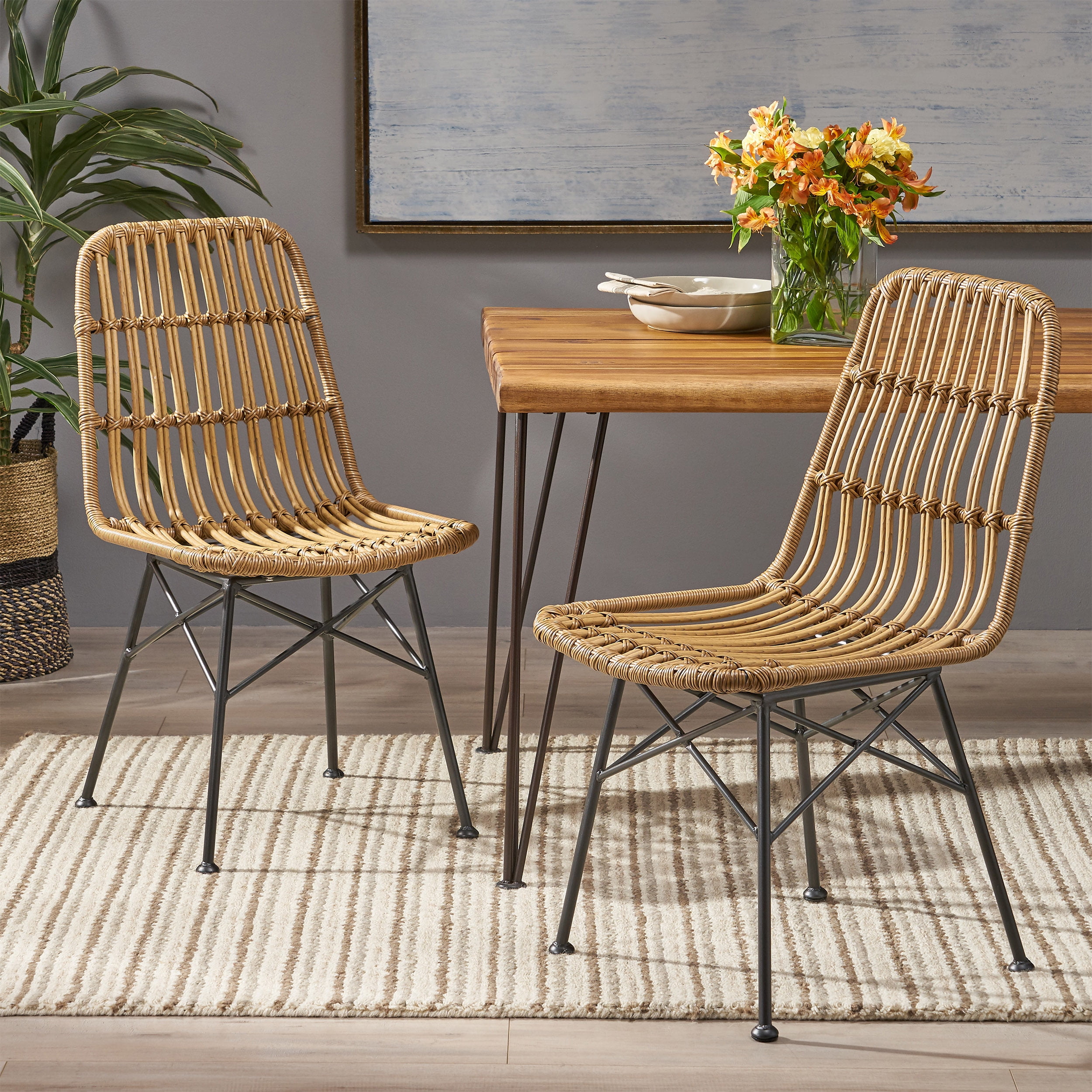 Noble House Dimitri Indoor Wicker Dining Chairs, Set of 2, Light Brown