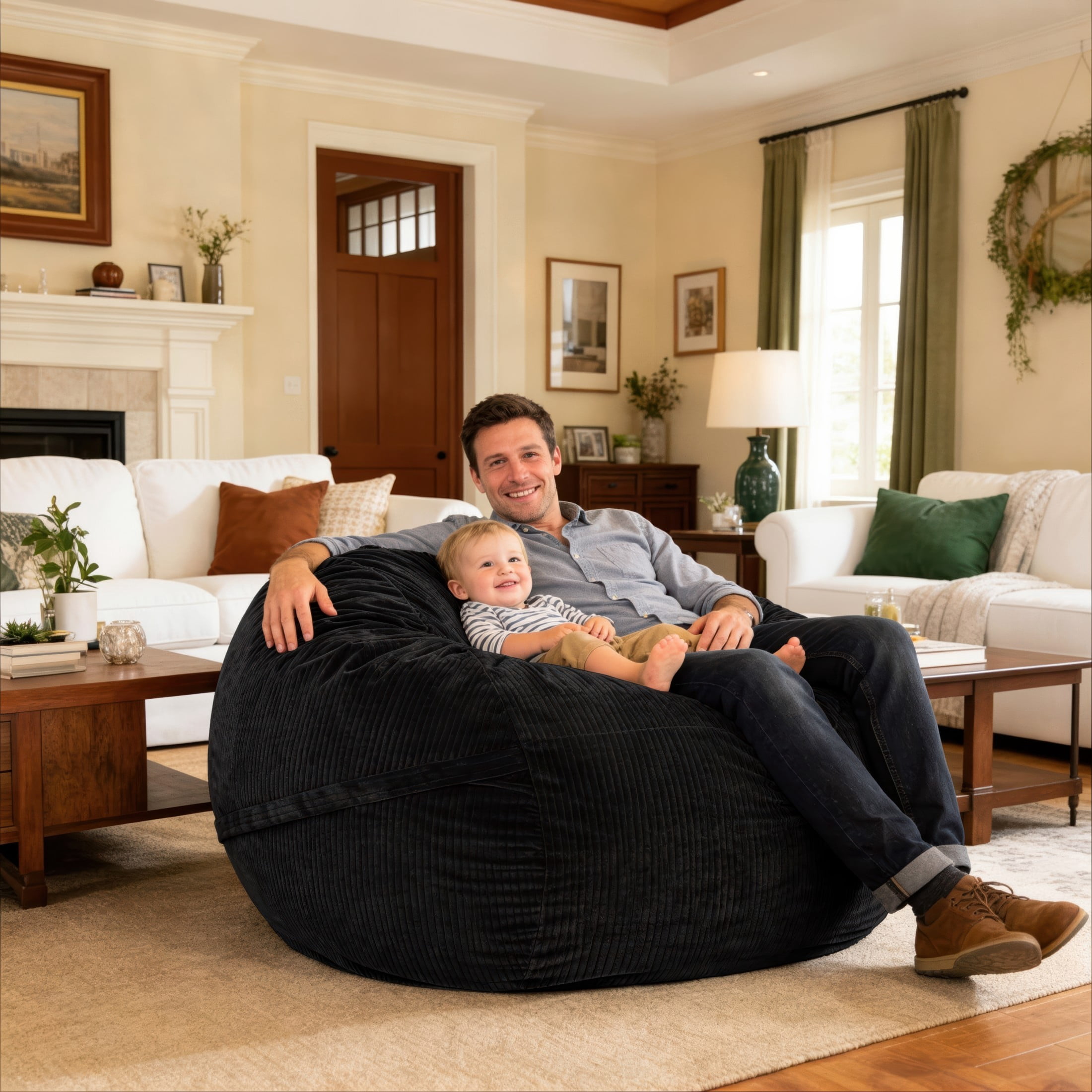Luna 5 Foot X-Large Bean Bag Chair – Oversized Foam Lounger for Adults & Kids, Plush Corded Faux Fur, Black