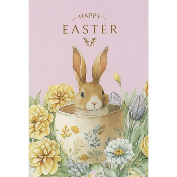 Pictura Brown Bunny in Wooden Floral Decorated Cup Surrounded by Flowers Easter Card