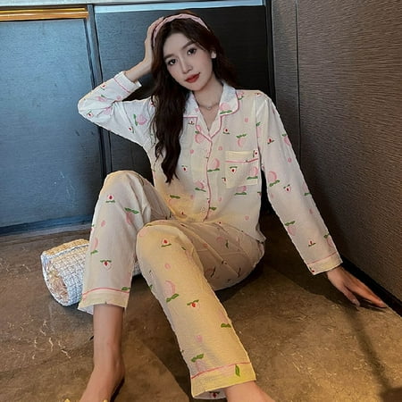 

PIKADINGNIS Autumn Winter New Warm Womens Pajamas Long-sleeved Trousers Two-piece Set Gauze Cotton Crepe Cute Soft Homewear Suit Women