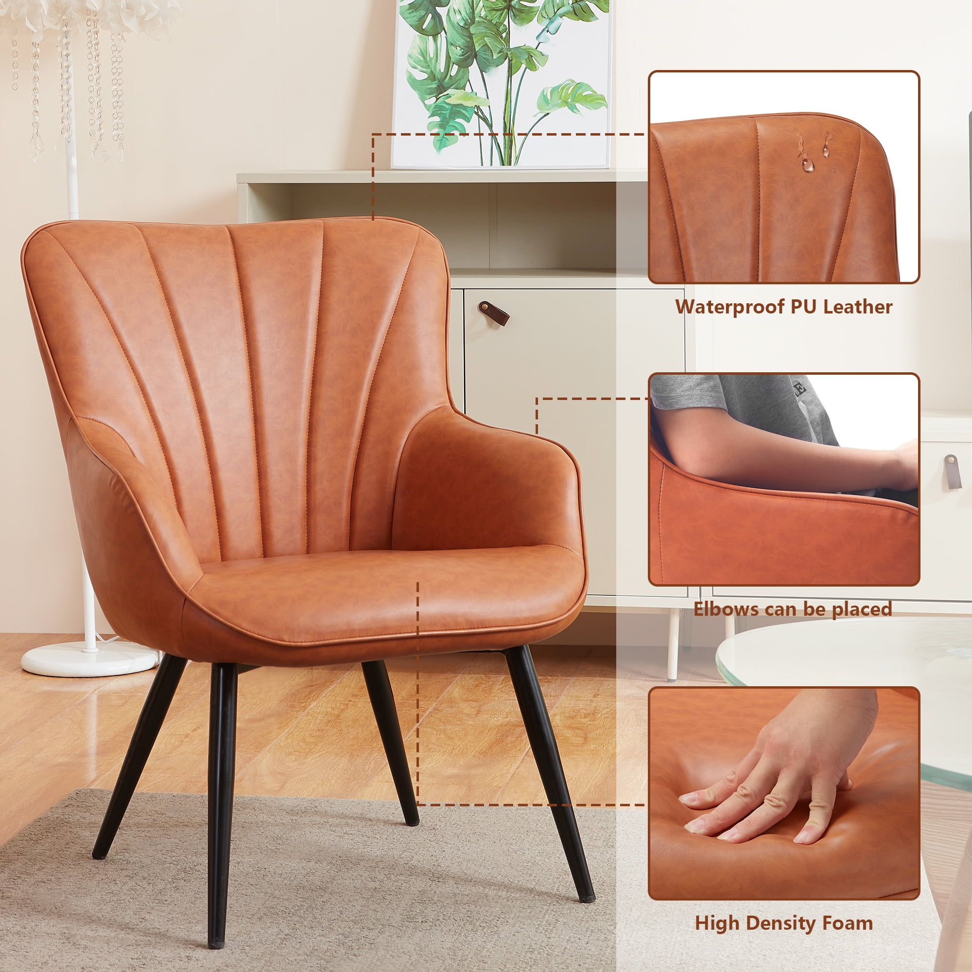 Modern Accent Chair, Mid Century Set of 2 Leather Armchairs, Wing back Reading Side Chairs for Living Room, Brown