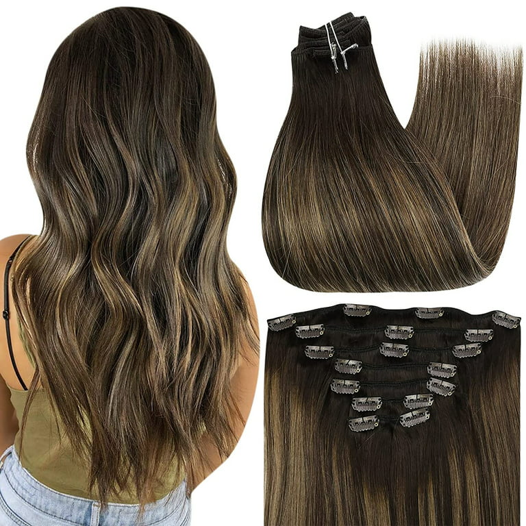 Vario Hair Extension Clips for Women, Natural Black Mixed Chestnut Brown, Balayage Hair Extensions Clip in Human Hair Remy Clip in Hair Extensions