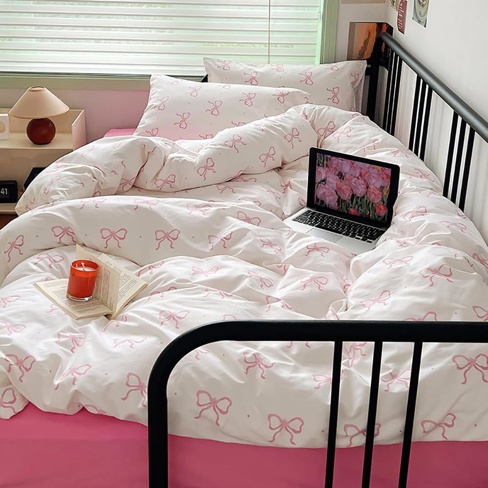 2 Pieces Cartoon Bowknot Duvet Cover Set Pink Bow Tie Knot on White Princess Bedding Set Soft Home Cozy and Breathable Comforter Cover Set,Twin Size