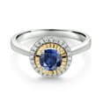 thumbnail image 2 of Gem Stone King 925 Silver and 10K Yellow Gold Blue Created Sapphire and White Lab Grown Diamond Halo Engagement Ring for Women (0.72 Cttw, Gemstone September Birthstone, Round 5MM, Size 9), 2 of 3
