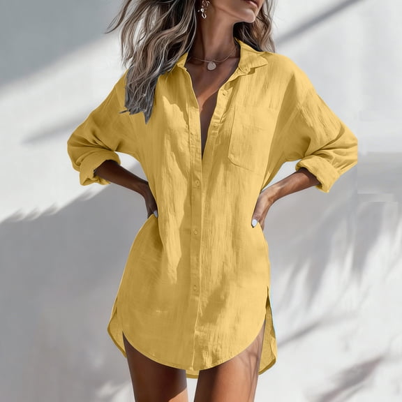 Women Cotton Linen Swimsuit Coverup Shirt Dressy Casual Button Down Bathing Suit Cover Up Beach Vacation Outfits (Yellow,S)