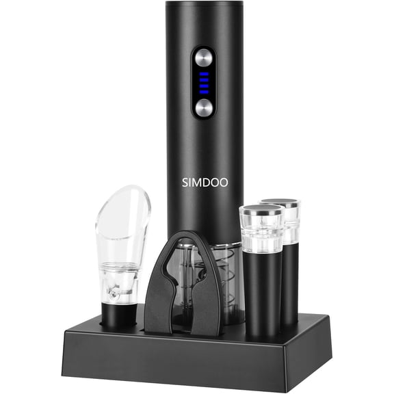 SIMDOO Electric Opener Set With Base, Accessories Including Rechargeable Corkscrew, Aerator, Stoppers and Foil Cutter - Perfect Gifts for Wine Lovers