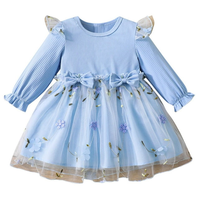 Odeerbi Niñas Vestido de Manga Larga de Tul Bordado Primavera Otoño Vestido de Algodón Con Lazo 0-3 Años Vestido Infantil de Malla Con Empalme Y Cuello Redondo Y Manga de Encaje