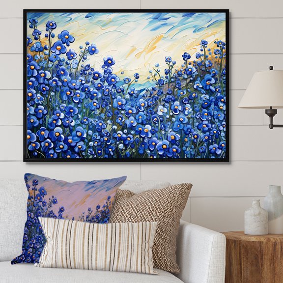 Designart "Tranquil Blue Bonnets Meadow" Flower Field Floater Framed Wall Art Living Room