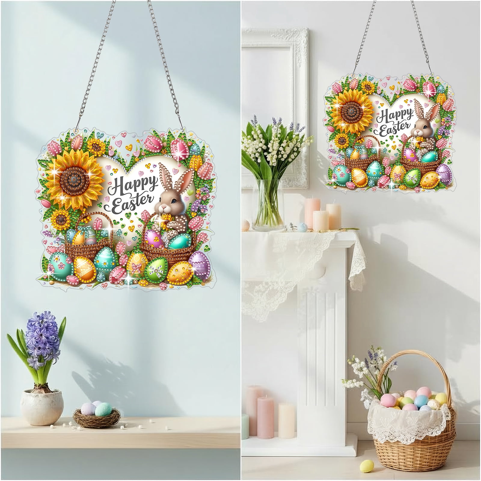 FLOPESN DIY Easter Diamond Art Painting Pendant Kit - 7.08X7.87in Acrylic Single-sided Rhinestone Dotting Pendant Wall Decor-Heart