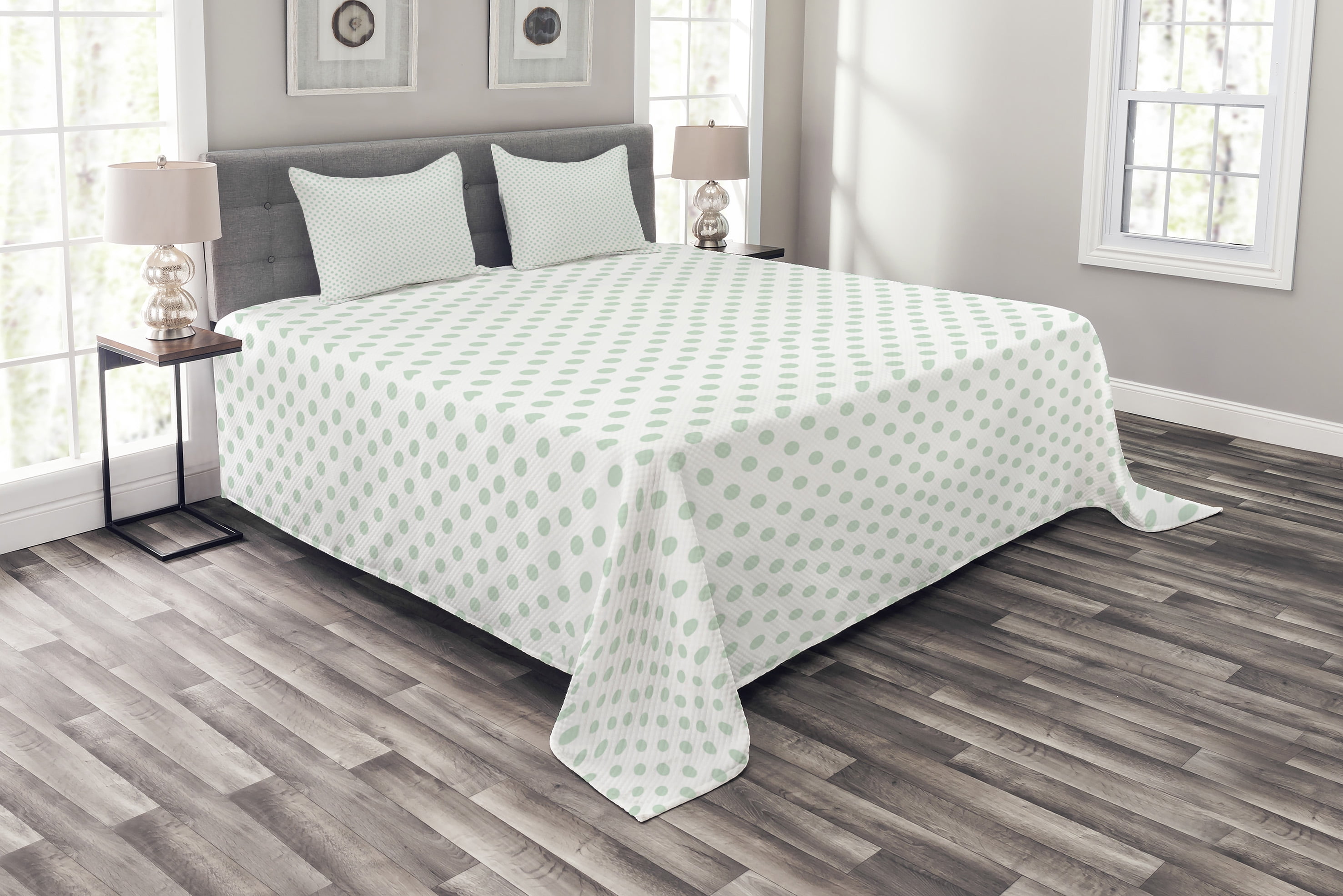 Green Bedspread Set Retro Pattern With Polka Dots In Pastel Color Green Bedspread Set Retro Pattern With