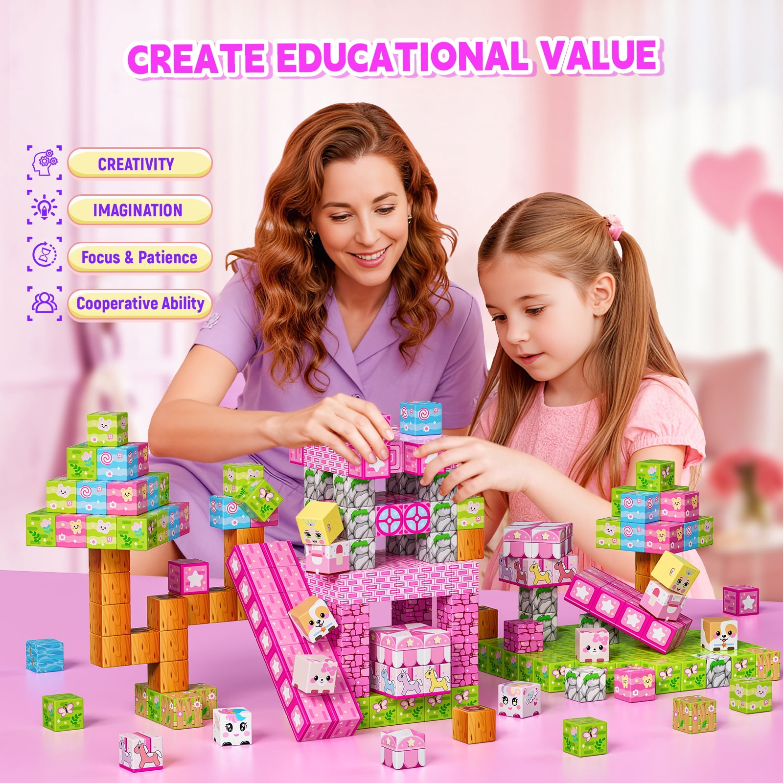 Sbekiev Princess Magnetic Blocks 150PCS Magnetic Building Cube Game, Constructions Toys for Boys & Girls Age 3-4, 5 6 7 8 9 10, Sensory Tiles Building Birthday for Toddlers
