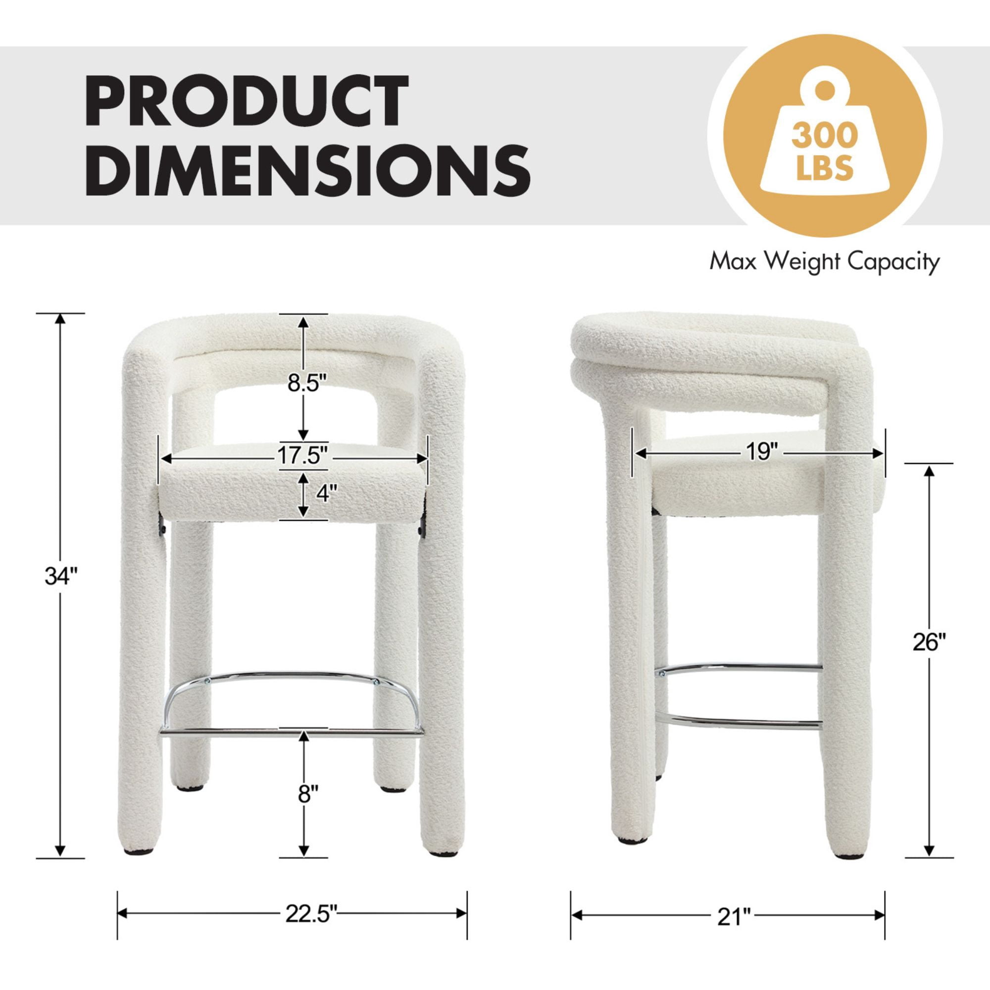 Dayalane 26" Counter Height Bar Stools Set of 1, Modern Sherpa Barrel Barstools with Back and Armrests, Stainless Steel Footrest for Kitchen Island, White