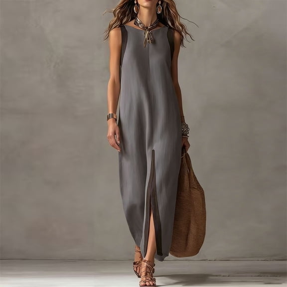Morttic Women's Elegant Contrast Strap Sleeveless Maxi Dress – Split Front Loose Tank Dress Beach Vacation Casual Outfit Gray,S