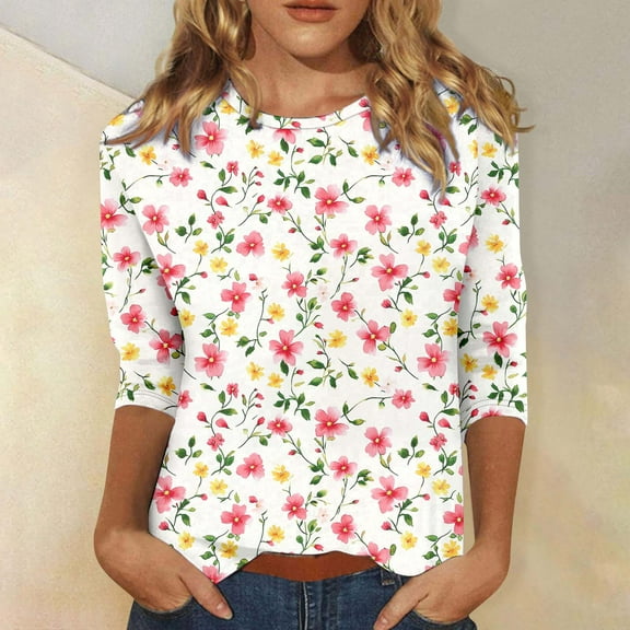 SOOMLON 3/4 Sleeve Shirts for Women Petite Tunic Cotton Tops Casual Crew Neck Shirts Funny Floral Graphic T Shirts 2025 Trendy Spring Summer Ladies Tops Loose Fit Y2k Basic Outfits Pullover Pink XL