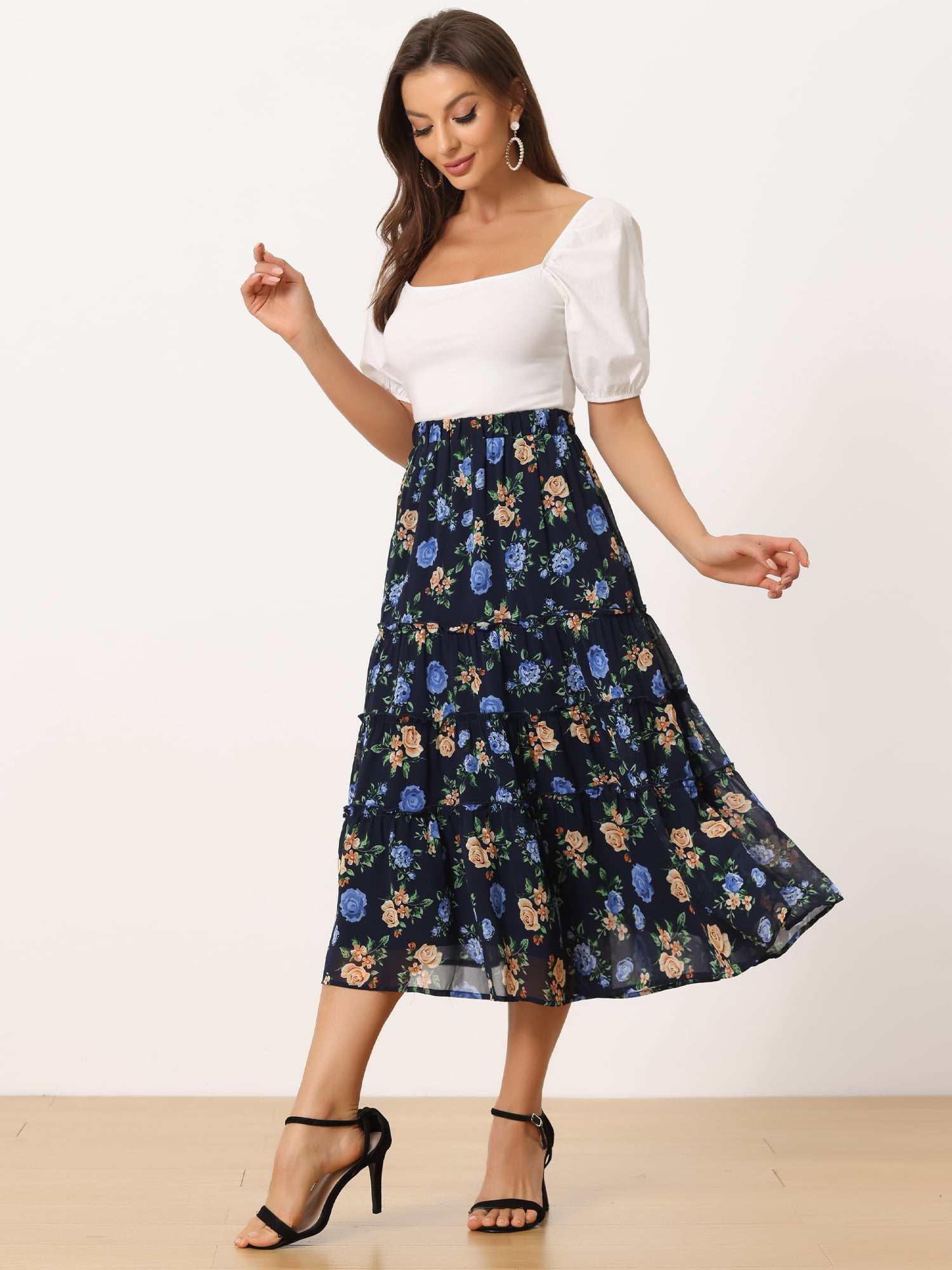 DARING DIVA Women's Chiffon Tiered A-Line Maxi Skirt M Navy