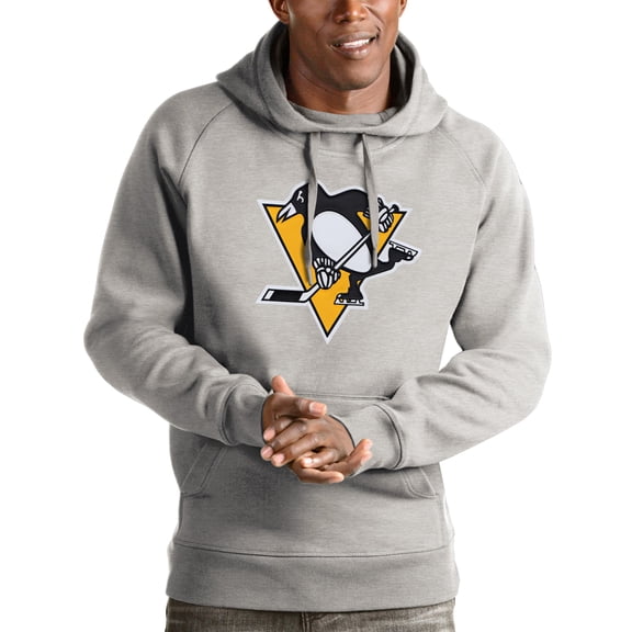Men's Antigua Heathered Gray Pittsburgh Penguins Logo Victory Pullover Hoodie