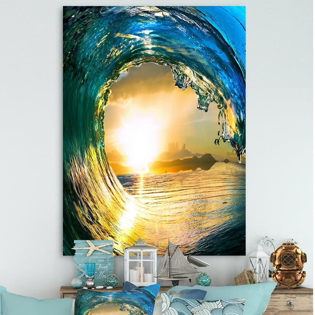 Designart - Colored Ocean Waves Falling Down II - Modern Seashore Canvas Art