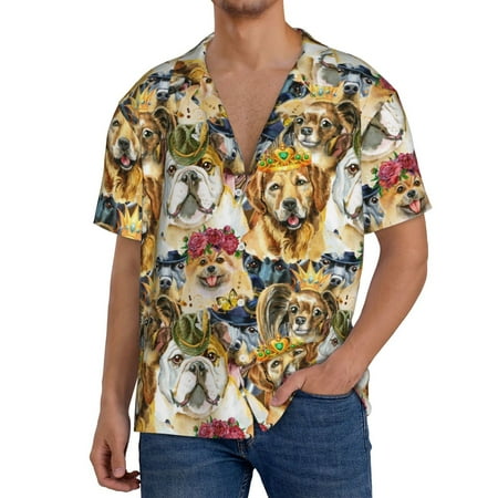 Fuzoiu Watercolor Dogs Print Men s Casual Short Men s Short Sleeve Shirt Mens Casual Button Down Shirts Cuban Collar Summer Shirt for Beach Vacation and Outdoor Activities-XX-Large