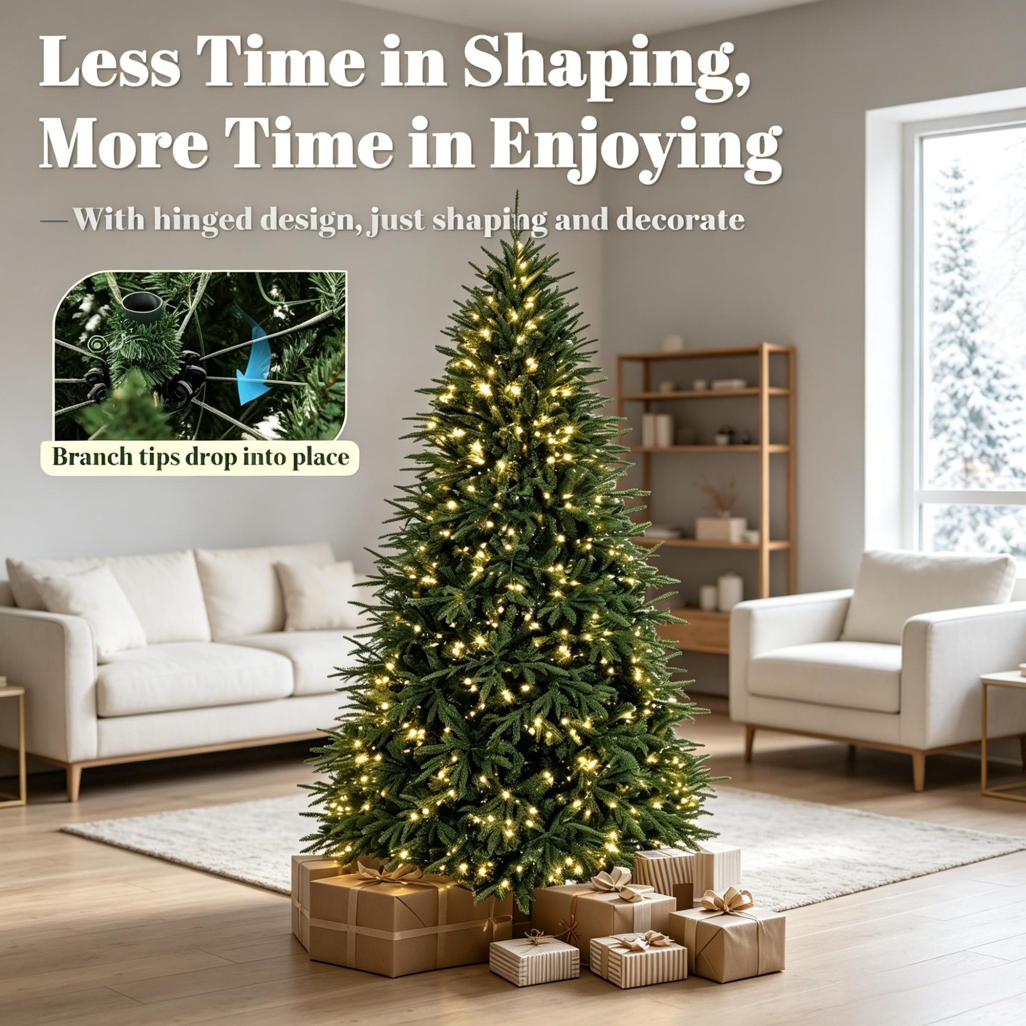 Pre-Lit Artificial Christmas Tree, 7.5 ft, 3719 Branch Tips, 1000 Warm White LED Lights, Hinged Sections, Metal Base