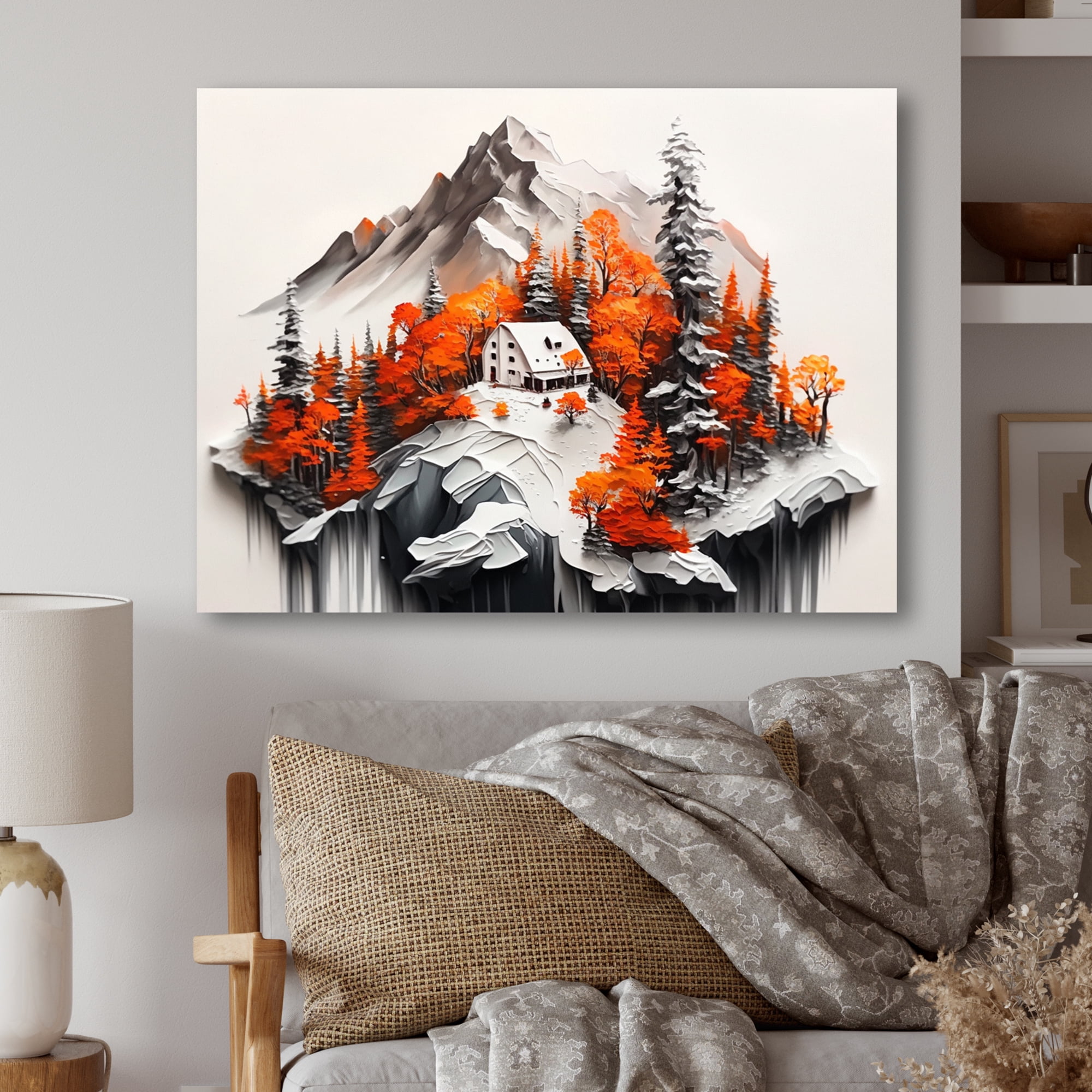Designart Monochrome Orange Cottage In Winter XIII Canvas Wall Art