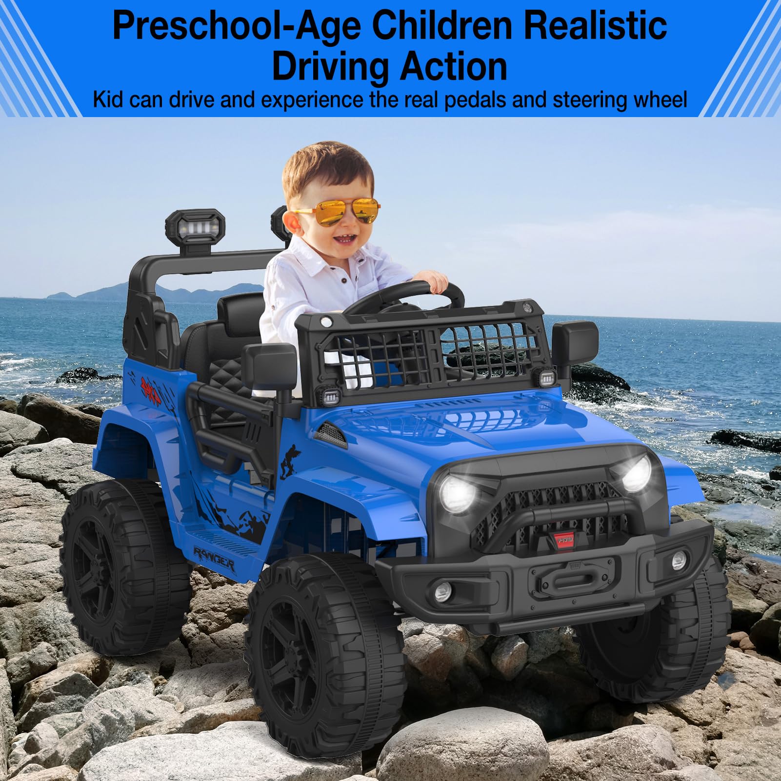 Ride on Truck Car 12V Kids Electric Mini Jeep with Remote Control Spring Suspension, LED Lights, Bluetooth, 2 Speeds (Blue) - image 5 of 8