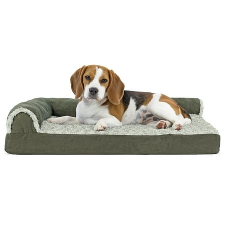 UPC: 0842229107494 | FurHaven Pet Products Two-Tone Faux Fur & Suede Cooling Gel Top Deluxe L-Chaise Pet Bed for Dogs & Cats – Dark Sage  Medium