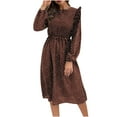 thumbnail image 1 of Robes Décontractées pour Femmes Col Rond Manches Longues Bouton Taille à Nouer Imprimé à Pois à Volants Robe Longueur Genou Robes de Travail, 1 of 7