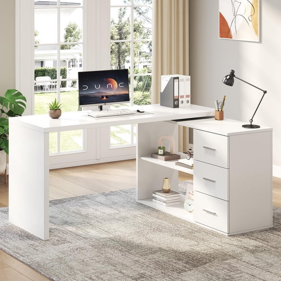 L-Shaped Office Desk With Drawers And Shelves White 55-76 Inch Corner Computer Desk For Home Study
