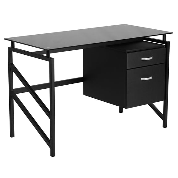 Maklaine Contemporary 2 Drawer Glass Top Home Office Desk in Black