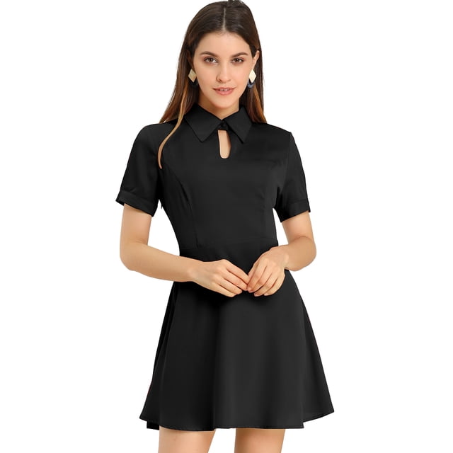 Unique Bargains Robe de Travail pour Femmes Bureau Ajustée et Évasée Mini à Col Rabattu avec Trou de Serrure