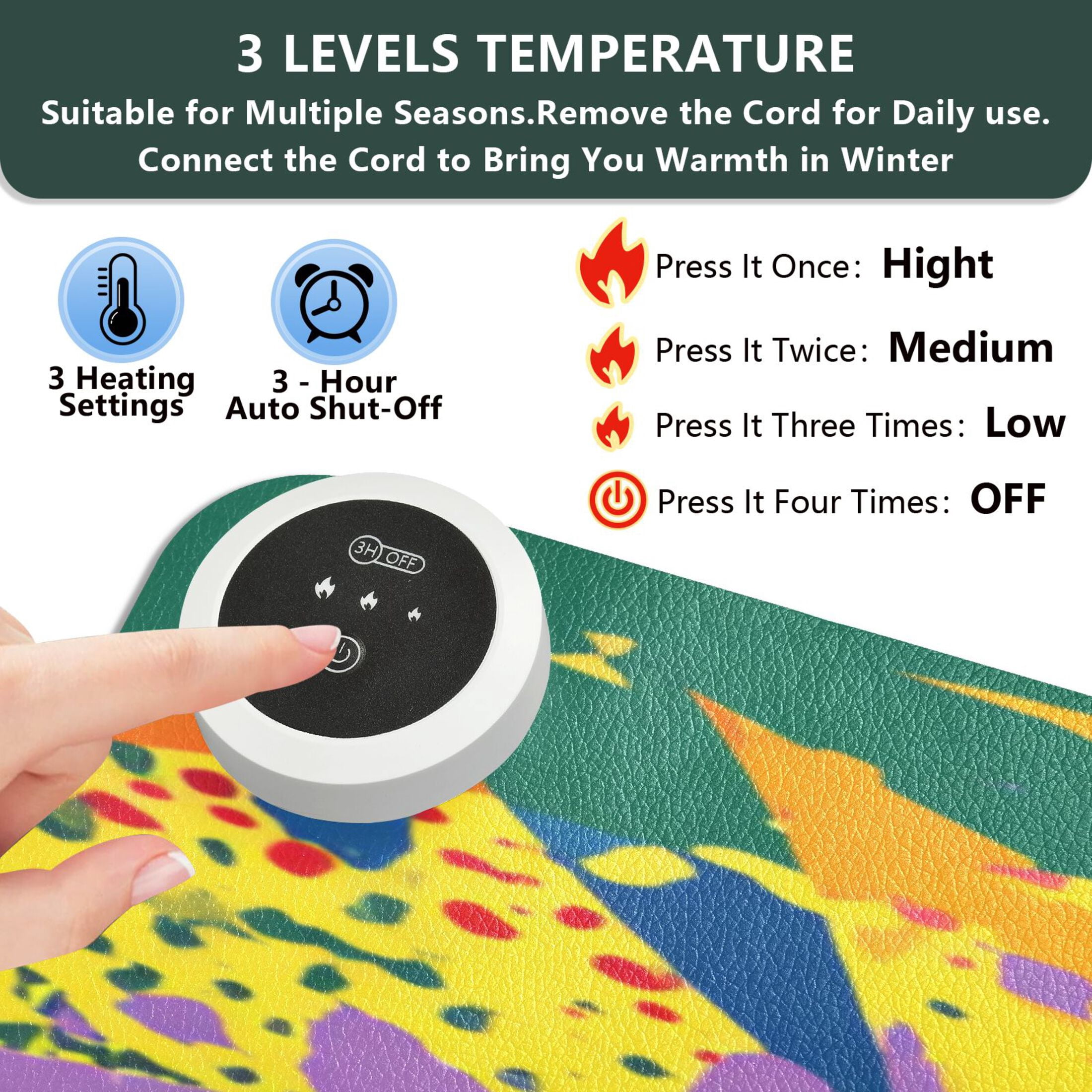 Large Heated Desk Mat Mouse Pad 31.5"x13"PU Leather Graphene Heating Desk Warmer with 3 Temperature Settings 110V US Plug Non-Slip Warm Pad for Home, Office, and Gaming Bold Tropical Dino Design