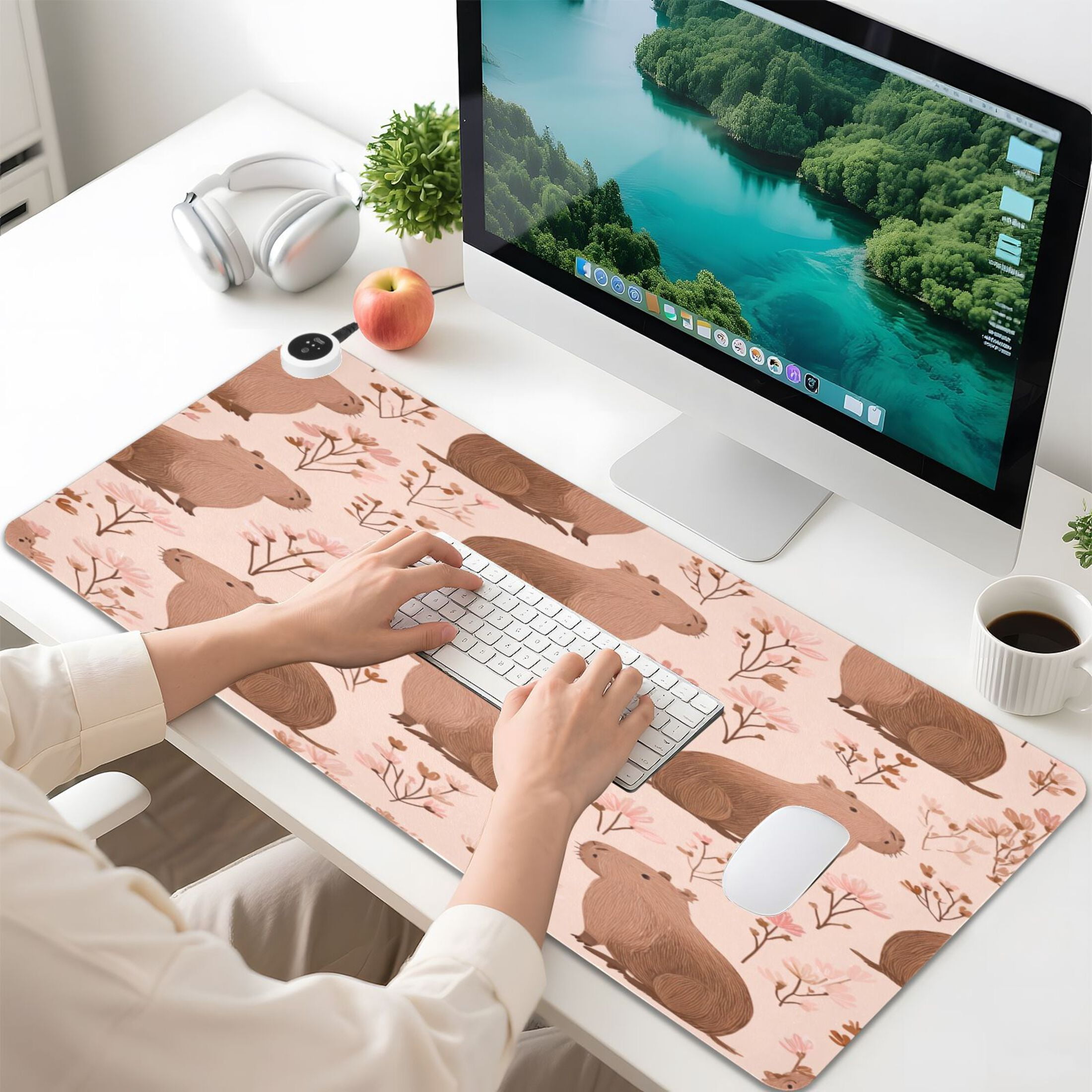Large Heated Desk Mat Mouse Pad 31.5"x13"PU Leather Graphene Heating Desk Warmer with 3 Temperature Settings 110V US Plug Non-Slip Warm Pad for Home, Office, and Gaming Cute Brown Capybara Pattern