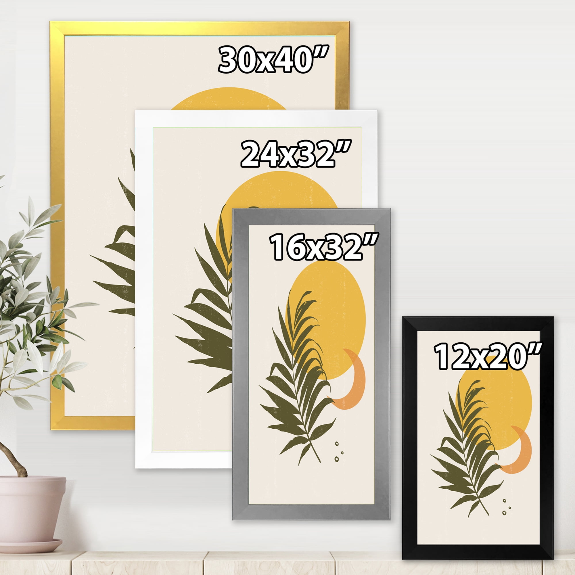 Designart 'Abstract Moon and Yellow Sun With Tropical Leaf I' Modern Framed Art Print