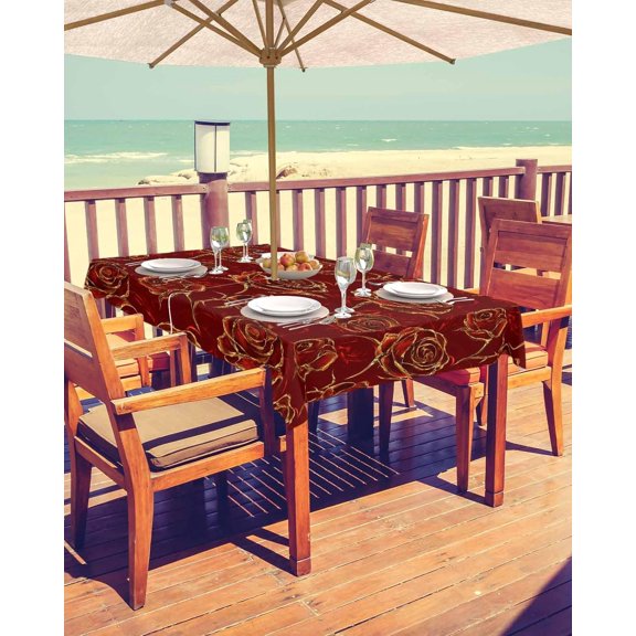 Red Yellow Roses Outdoor Tablecloth - 60x120 Inch Rectangle Dining Table Cover, Christmas Red Xmas Botanical Waterproof Outdoor Table Cloth with Umbrella Hole & Zipper for Picnic/Patio