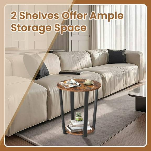 LEDREM 2-Tier Round Side Table, Industrial Accent Table with Storage Shelf, Easy Assembly Nightstand for Small Spaces, Rustic Brown & Ink Black