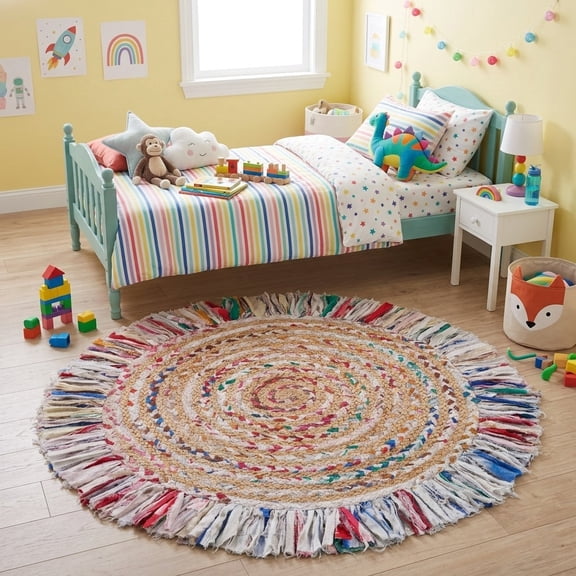 Harlow Hill Cora 3'6" Round Pastel Rainbow Striped Hand Braided Reversible Jute Indoor Area Rug