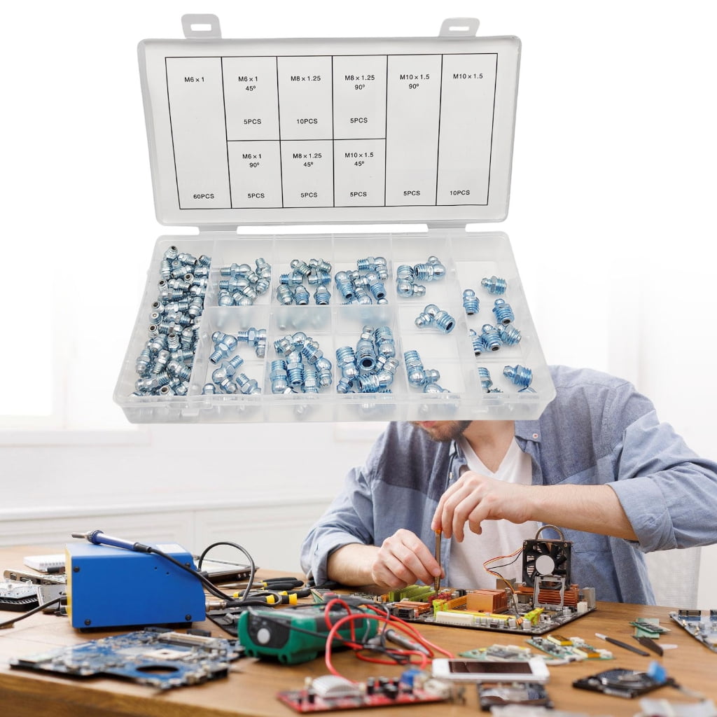 110Pcs Grease Fittings Metric Grease Fitting Assortment Kit Standard Grease Fittings Grease Zerks Straight and Angled