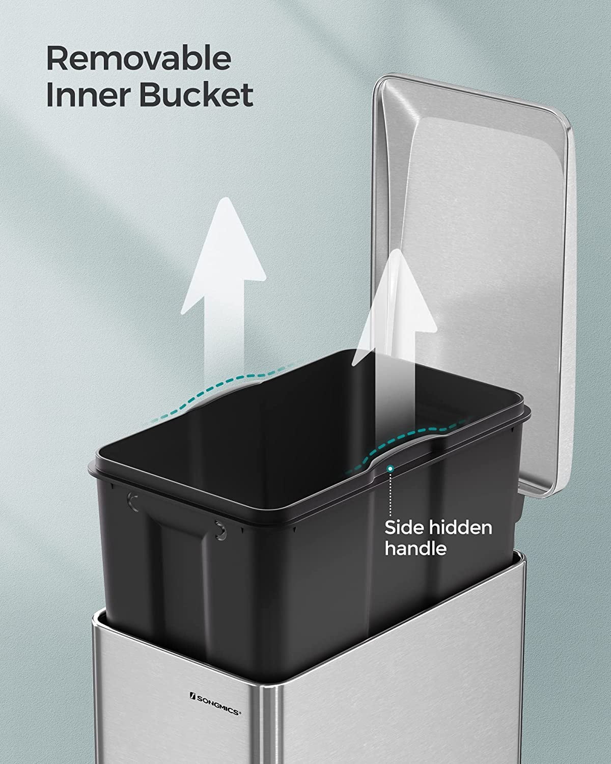 12.7 Gallon Slim Trash Can, Kitchen Garbage Can for Narrow Spaces, Stainless Steel, Silver