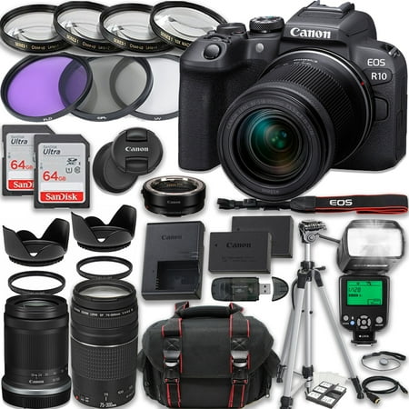 Canon EOS R10 Mirrorless Camera with Canon RF-S 18-150mm IS STM Lens + EF 75-300mm f/4-5.6 III Lens + Accessories included: 2X 64GB Memory Cards  TTL Flash  Extra Battery  Case  Tripod & More