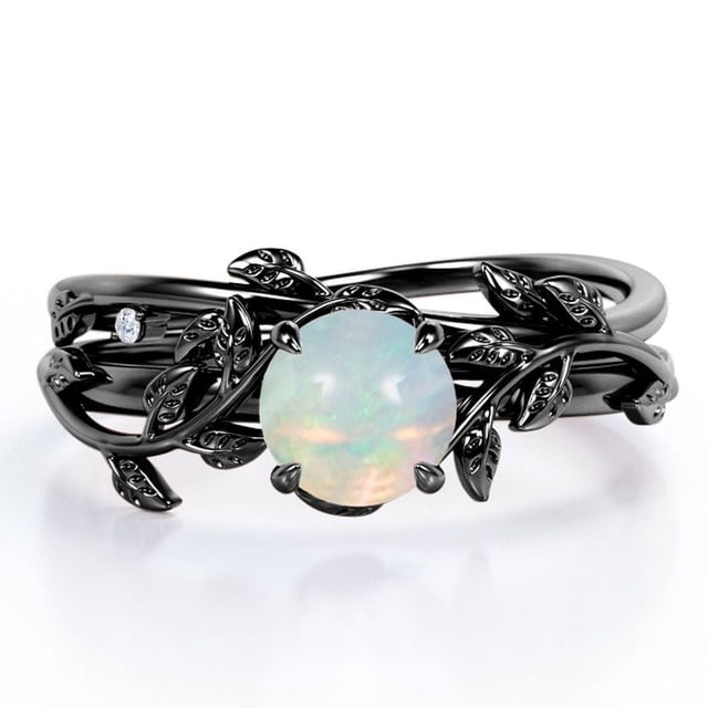 JeenMata Ópalo Etíope Redondo de 1 Quilate y Moissanita - Engaste de 4 Puntas - Juego de Boda de Inspiración Botánica - Baño de Oro Negro de 18 K sobre Plata