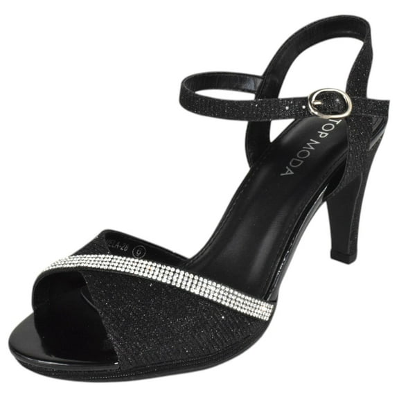 Top Moda Shoes Women Stiletto Heels Open Peep Toe Ankle Strap Bling Rhinestone Glitter PAMELA-28 Black 5.5