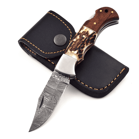 Handmade Damascus Pocket Knife for Men - 6.5 Inches Damascus Folding Knife with Sheath - Pocket Knives and Folding Knives with BackLock - Best for EDC Camping Fishing and Hiking
