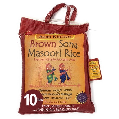 Asian Kitchen Brown Sona Masoori Aged Rice 10-Pound Bag, 10lbs (4.54kg) Short Grain Rice ~ All Natural | Gluten Friendly | Vegan | Indian Origin | Export Quality