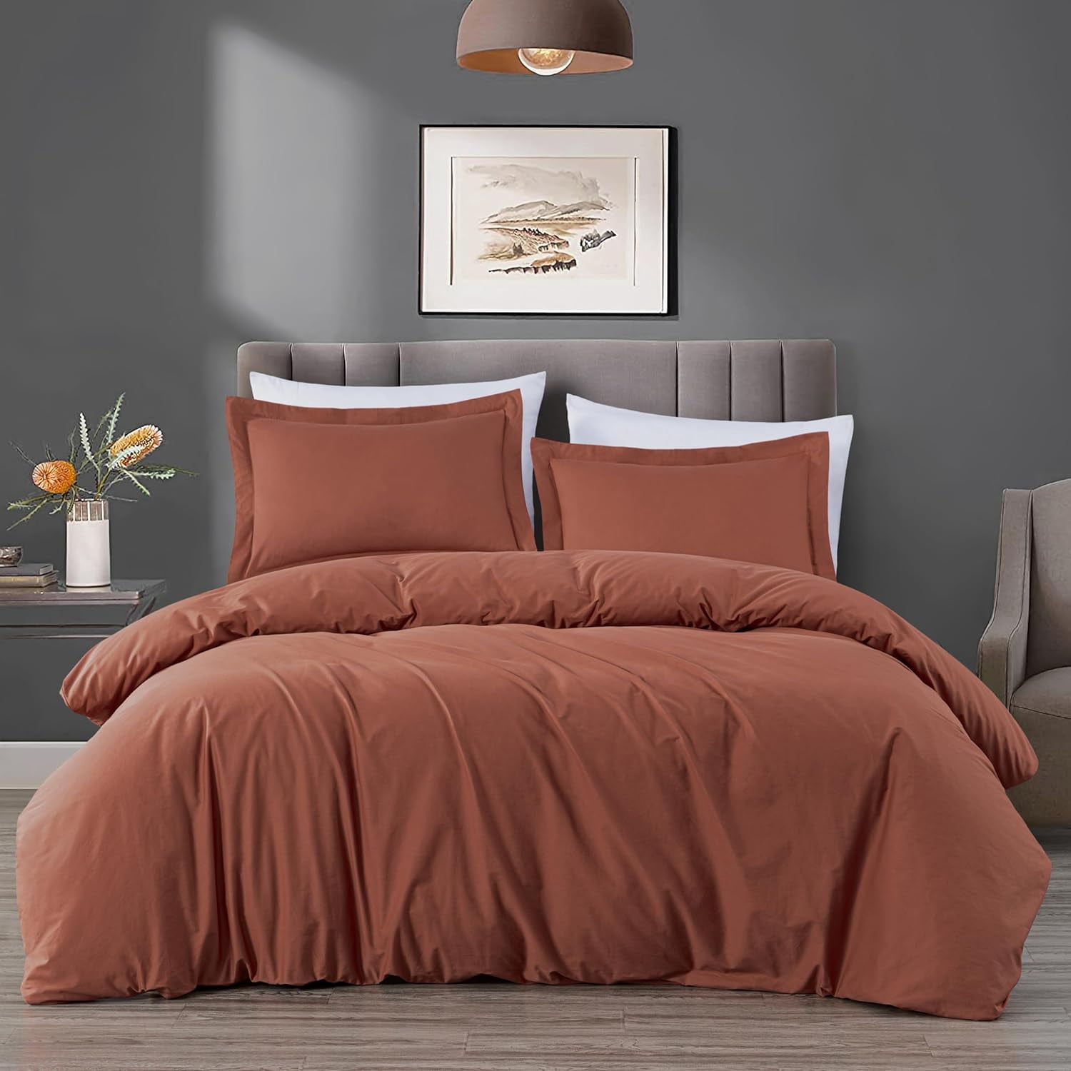 Chezmoi Collection Solid Terracotta 100% Cotton Duvet Cover Set Queen Size, 3-Piece Luxury Soft Breathable Smooth Cooling 250TC Cotton Twill Comforter Cover with Button Closure